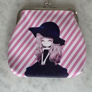 Anime Girl‎ Coin Purse Kiss Lock Closure Pink Stripe Small Wallet